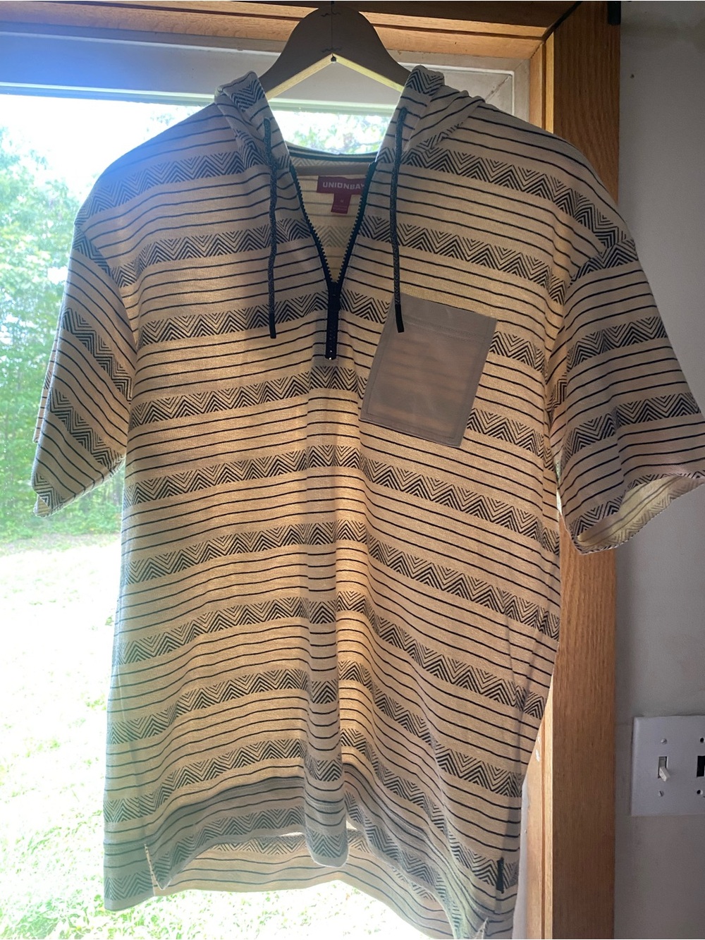 UNIONBAY Cream Short-Sleeve Hooded Tee with Black Stripe Pattern